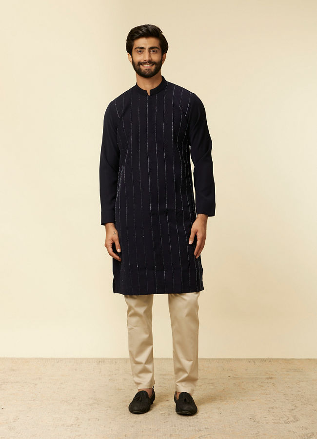 alt message - Manyavar Men Dark Blue Striped Patterned Kurta image number 2